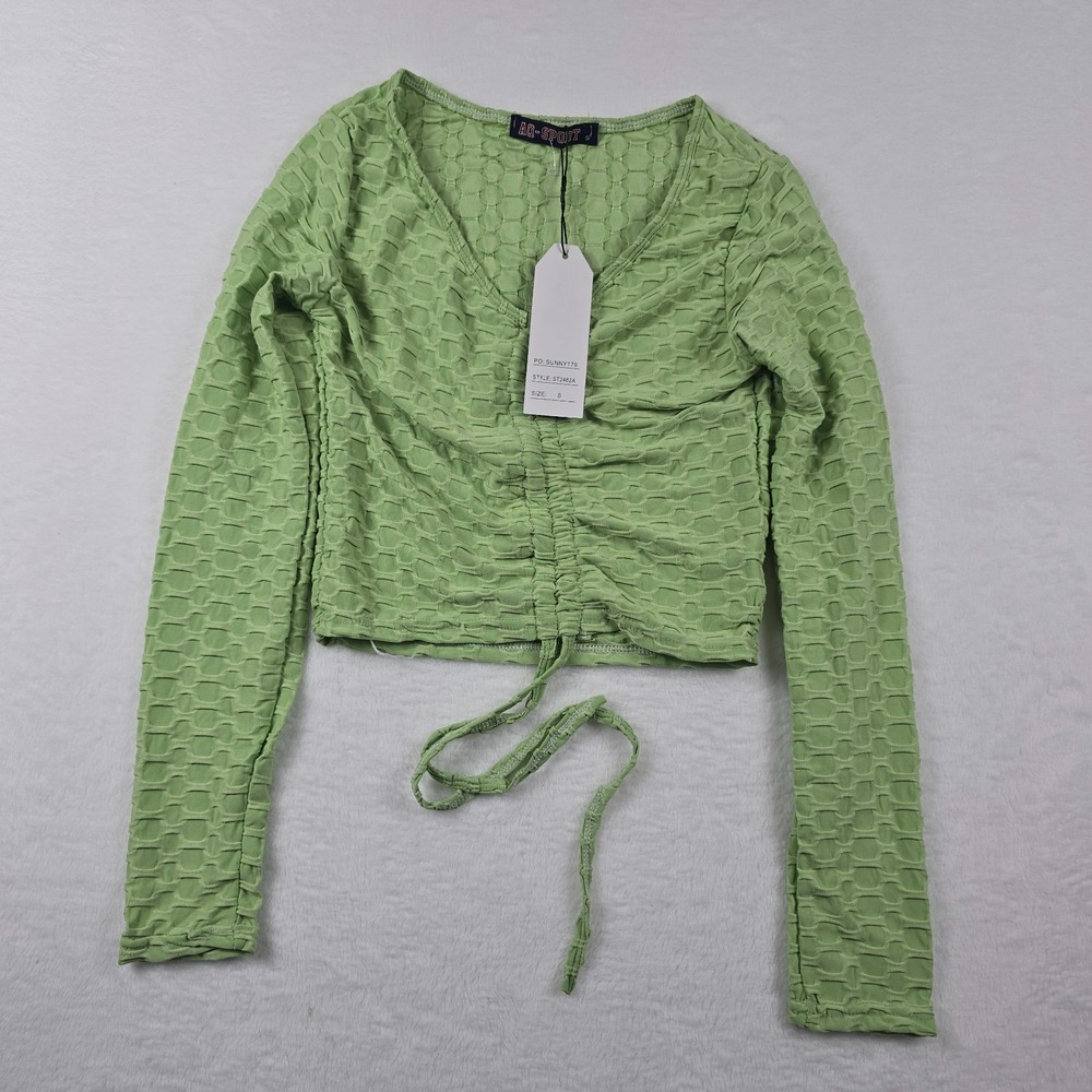 AQ Sport Green Cropped Tie Front Top Womens Small Textured Long Sleeve ST2462A